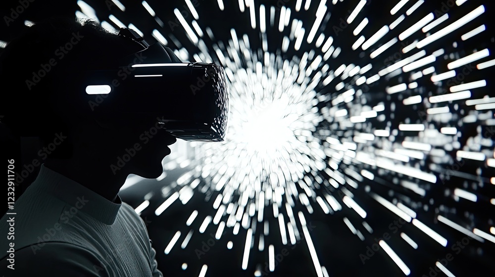 Poster person experiencing virtual reality through head mounted display