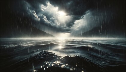 Fototapeta premium turbulent river with waves and dark stormy sky at night during rain