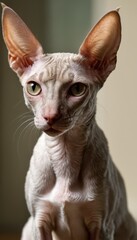 A Cornish Rex cat in a bold portrait, showcasing its large, bat-like ears and distinctive, delicate fur. A rare and stylish breed captured in an artistic setting