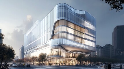 Fototapeta premium Towering futuristic skyscraper with glass covered surfaces reflecting urban skyline and city lights