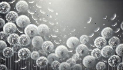 many dandelions on a gray background