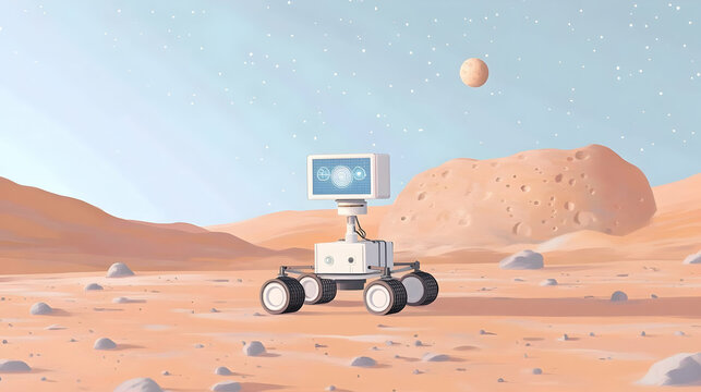 Robotic rover exploring alien planet surface.