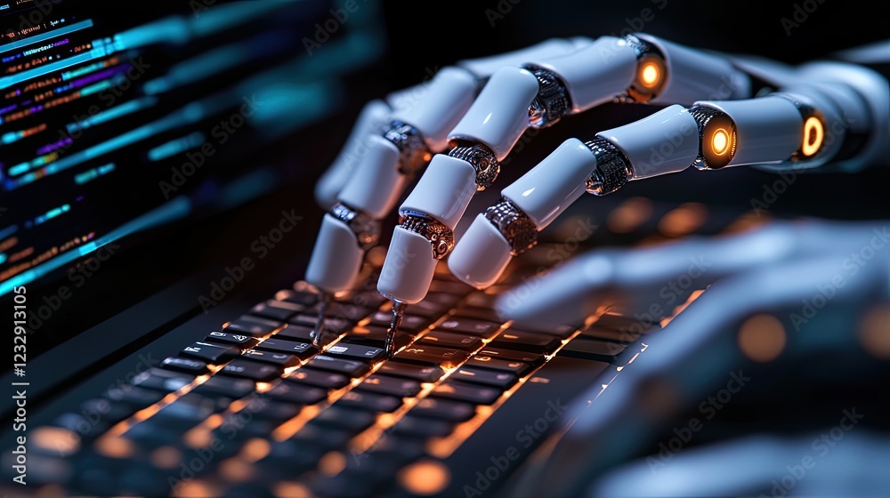 Poster Robotic Hands Typing Code On A Laptop Keyboard