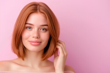Obraz premium Portrait of smiling woman, short red hair, natural makeup, off-shoulder top, vibrant pink background, cheerful expression, close-up face, minimalistic style, copy space for text