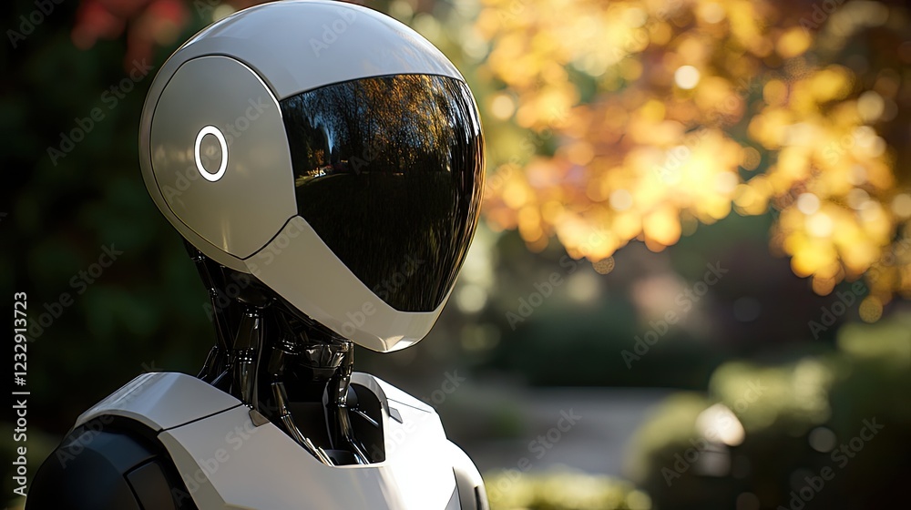 Poster futuristic robot stands in autumnal setting