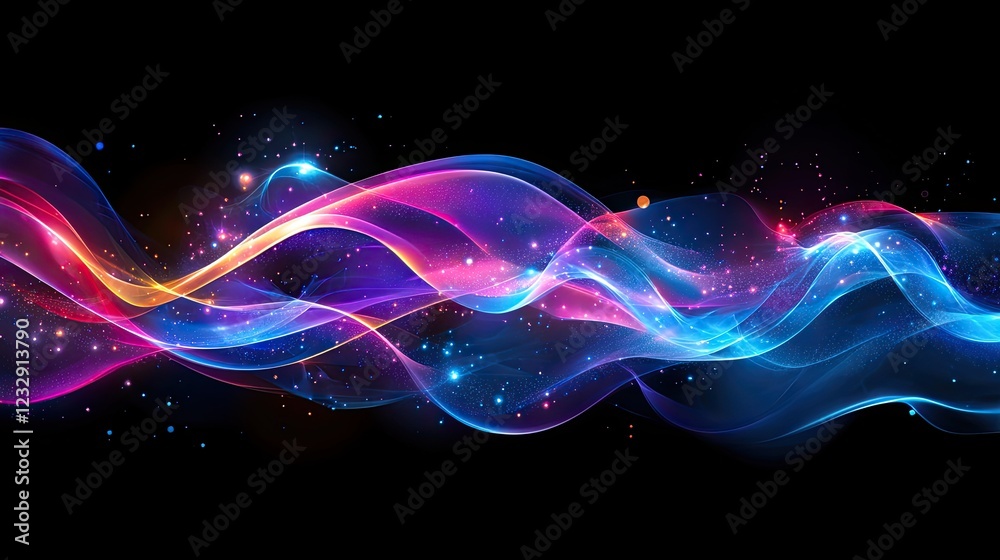 Poster luminous waves of color and light dance across a dark background