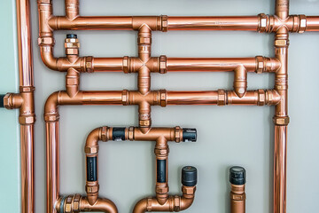 Fototapeta premium Copper plumbing pipes connect in a structured layout