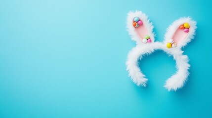 Fototapeta premium White fluffy bunny ears with colorful candies, top view. Easter concept.