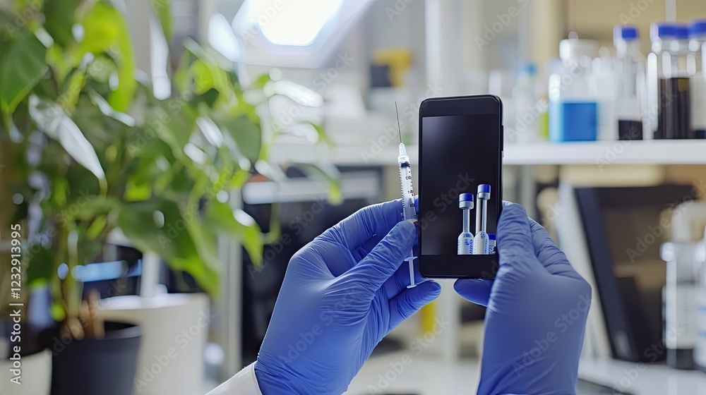 Poster gloved hands hold a smartphone displaying a syringe and vials