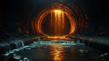 Obraz premium Underground tunnel, glowing waterfall, dark, water flowing, fantasy, cinematic, background, environmental, pollution, industrial
