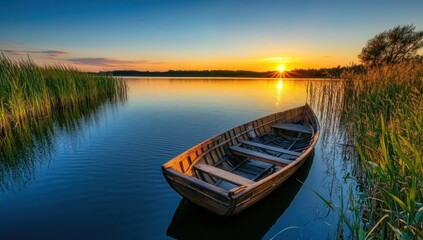 Fototapeta premium Tranquil Sunset: Rowboat on Serene Lake