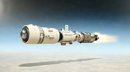 Rocket launching into space, leaving fiery trail.