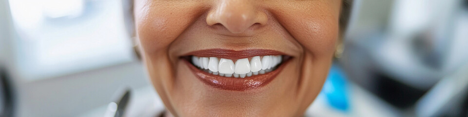Obraz premium Bright smile of a woman in a dental clinic setting