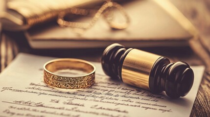 Elegant Wedding Ring on Legal Document with Wooden Gavel and Chain