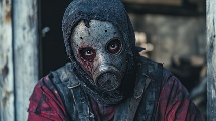 Mysterious Figure in Gas Mask Staring Intensely at Camera