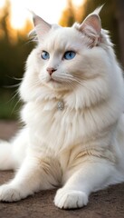 A majestic Ragdoll cat with striking blue eyes lounges on a plush chair. Its silky fur and gentle expression create a scene of pure elegance and tranquility