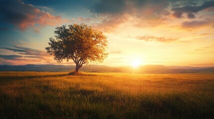 Obraz premium Serene Sunset Over a Lone Tree in a Golden Field of Grass