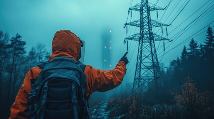Fototapeta premium Person in orange jacket points towards power tower in fog