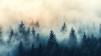 A forest with a thick fog covering the trees