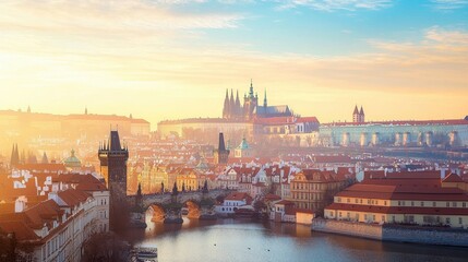 Fototapeta premium Scenic Sunrise Over Historic Prague with Beautiful Architecture