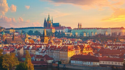 Fototapeta premium Majestic Prague Skyline with Sunset and Historic Architecture