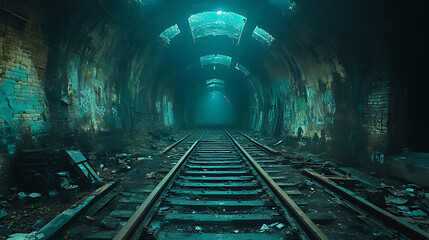 Abandoned subway tunnel, graffiti, rails, darkness, urban exploration, mystery, background light, industrial, eerie atmosphere, game backdrop