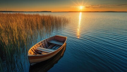 Fototapeta premium Serene Sunset: A Wooden Rowboat on a Tranquil Lake