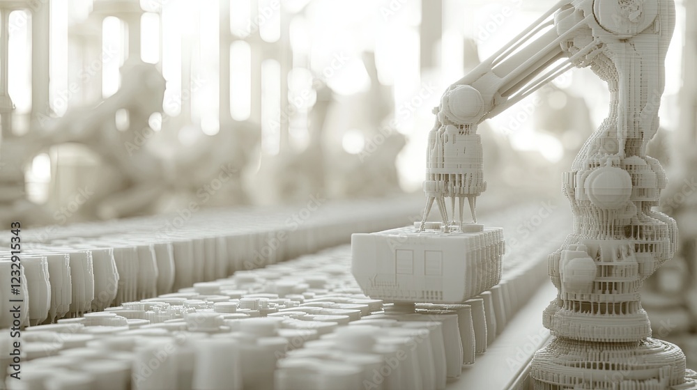 Poster Robotic Arm Assembling White Cylindrical Objects In Factory