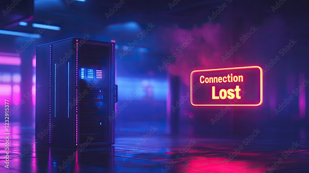 Poster futuristic server room shows connection lost message