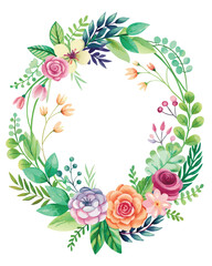 A round wreath with flowers and leaves and a round frame