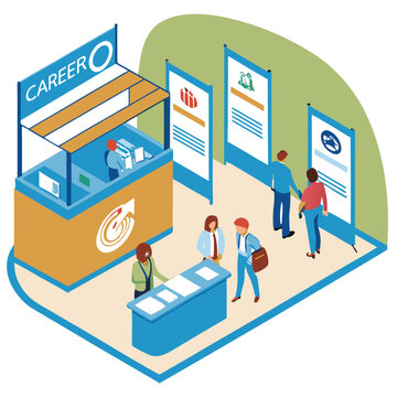 A career expo with booths showcasing different job opportunities Illustrator Artwork