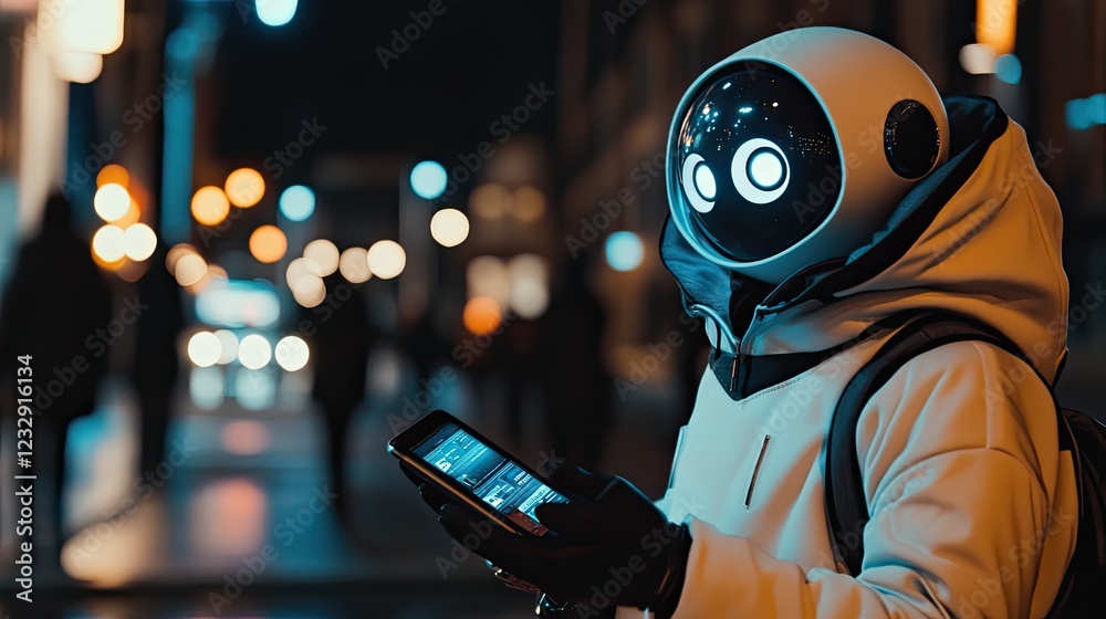 Poster robot using smartphone at night in city