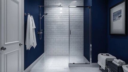 A bathroom with a white tile wall and a blue tile floor
