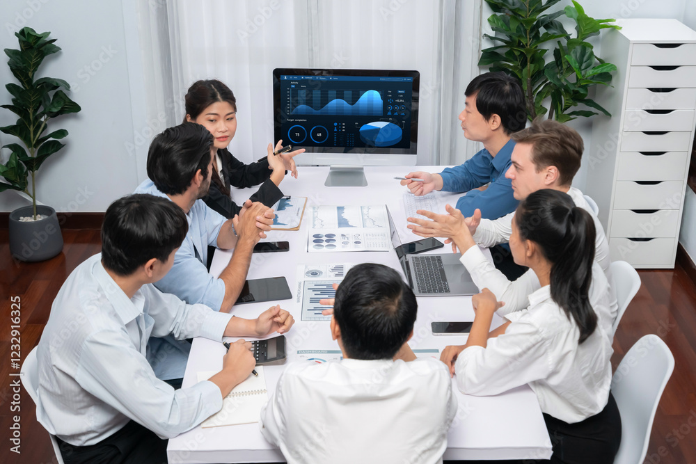Leinwandbilder analyst team utilizing bi fintech to analyze financial data at table in meeting room. businesspeople