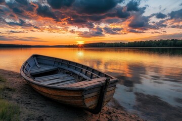 Obraz premium Sunset Serenity: A Lone Boat on a Tranquil Lake