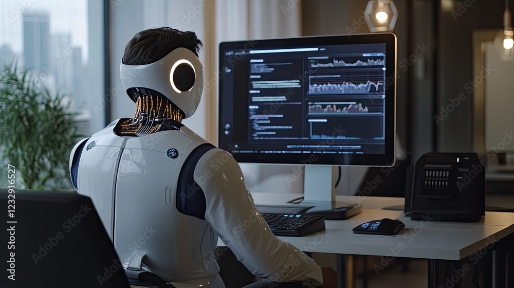 Poster Advanced Robot Works at Computer Analyzing Data
