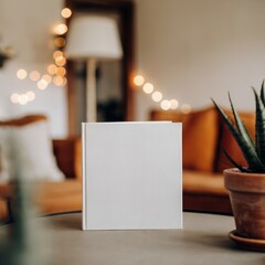Blank White Book Standing on a Table in a Stylish Cozy Living Room

