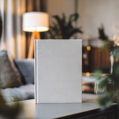 Blank White Book Standing on a Table in a Cozy Living Room

