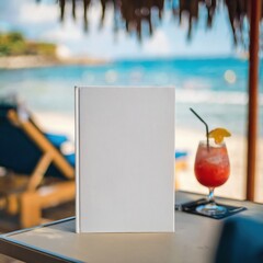 Blank White Book on a Table at a Tropical Beach Resort


