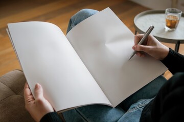 Person Writing in a Blank Notebook While Sitting Indoors