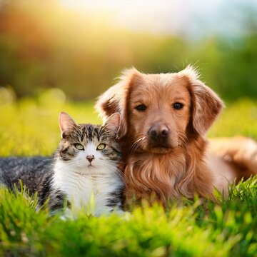 Generated image Cute dog and cat lying together on a green grass field nature in a spring sunny background