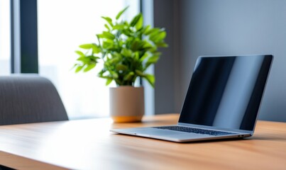 Modern Laptop on Wooden Desk with Green Plant