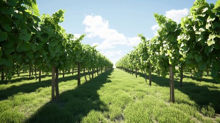 Fototapeta na wymiar Lush Green Vineyard Rows Under a Sunny Sky