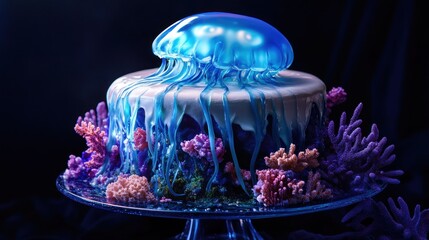 Jellyfish cake with ocean coral decorations.