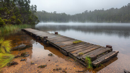Fototapeta premium Old wooden pier partially submerged in foggy lake, surrounded by lush greenery