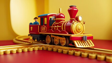 Red Toy Train Rides Golden Track on Red Surface