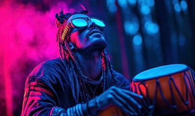 Obraz premium Modern Shaman Performing Futuristic Ritual in Neon Forest