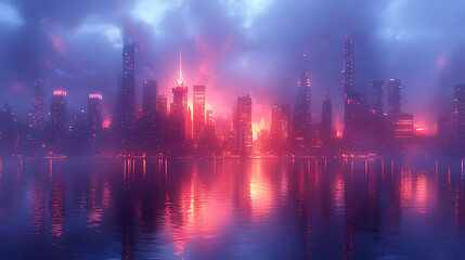 Fototapeta premium Futuristic city skyline reflecting on water at sunset, promotional use