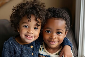 Portrait of multicultural siblings sitting closeup, capturing the adorable toddler smiling happily. The image highlights the joy, innocence, and diversity