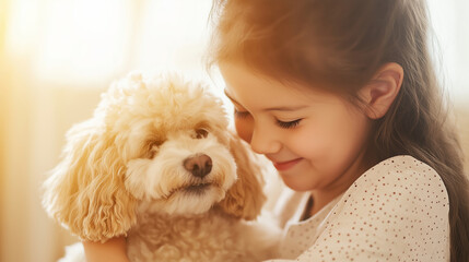 Girl with Down syndrome tenderly embracing her adorable fluffy poodle dog, enjoying a heartwarming moment of connection and affection in soft, warm lighting